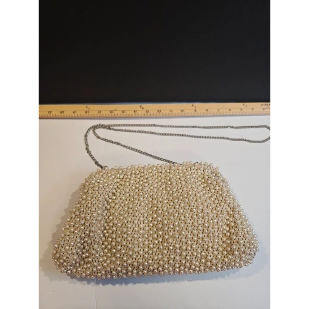 Vintage Style Pearl Beaded Clutch / Evening Shoulder Bag with Silver Chain